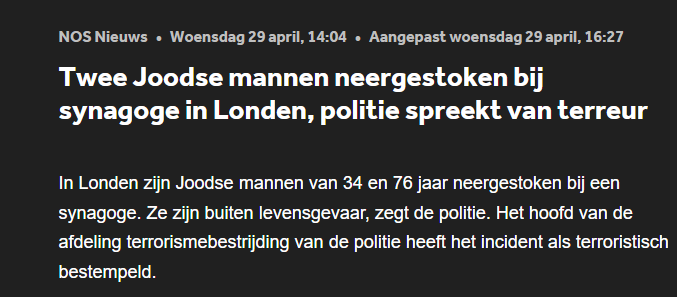 Schermafbeelding NOS Nieuws — kop: Twee Joodse mannen neergestoken bij synagoge in Londen, politie spreekt van terreur
