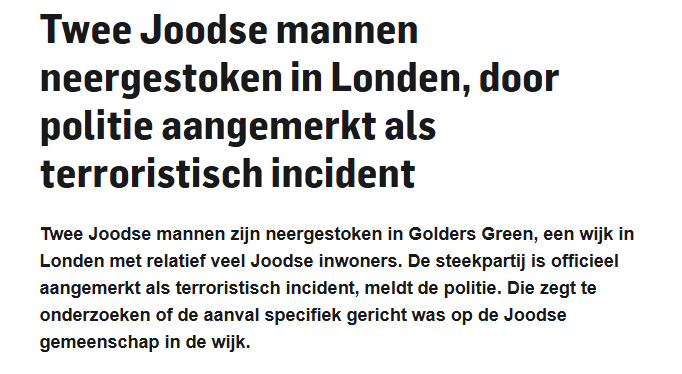 Schermafbeelding Algemeen Dagblad — kop: Twee Joodse mannen neergestoken in Londen, door politie aangemerkt als terroristisch incident
