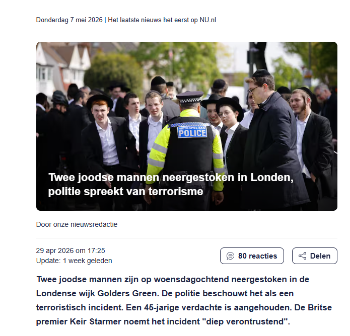 Schermafbeelding NU.nl — kop: Twee joodse mannen neergestoken in Londen, politie spreekt van terrorisme