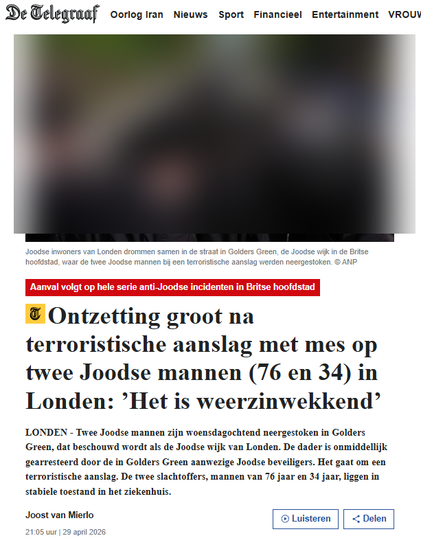 Schermafbeelding De Telegraaf — kop: Ontzetting groot na terroristische aanslag met mes op twee Joodse mannen in Londen