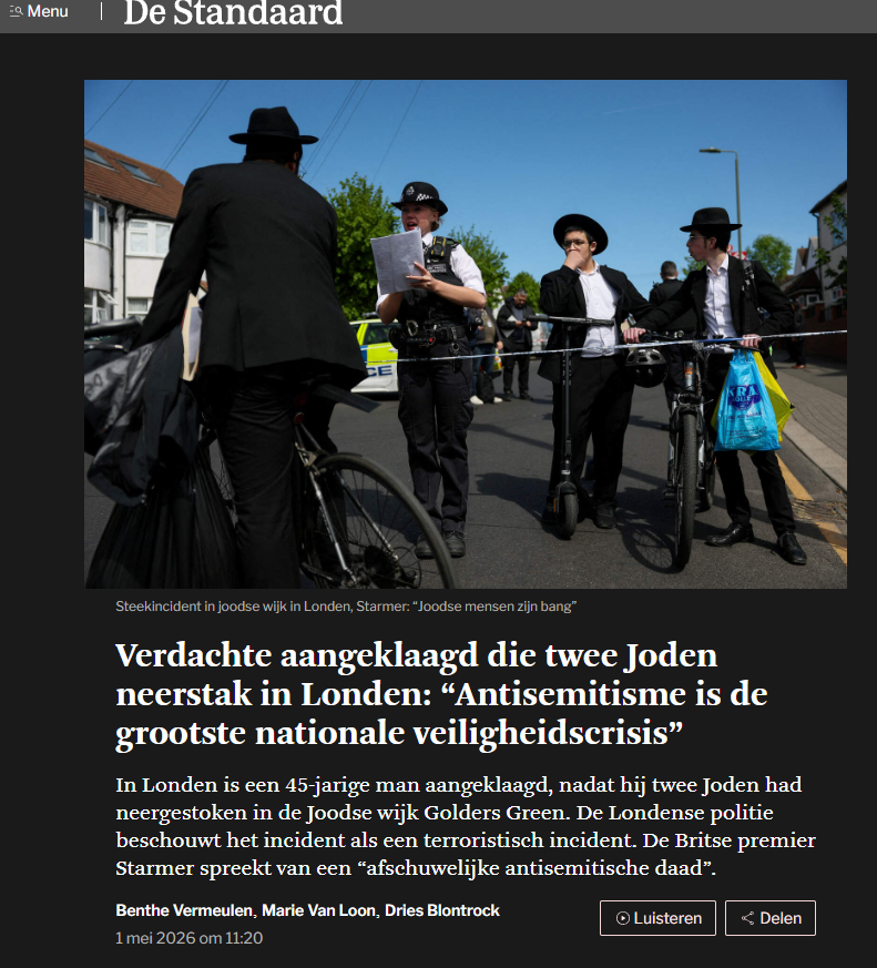 Schermafbeelding De Standaard — kop: Verdachte aangeklaagd die twee Joden neerstak in Londen