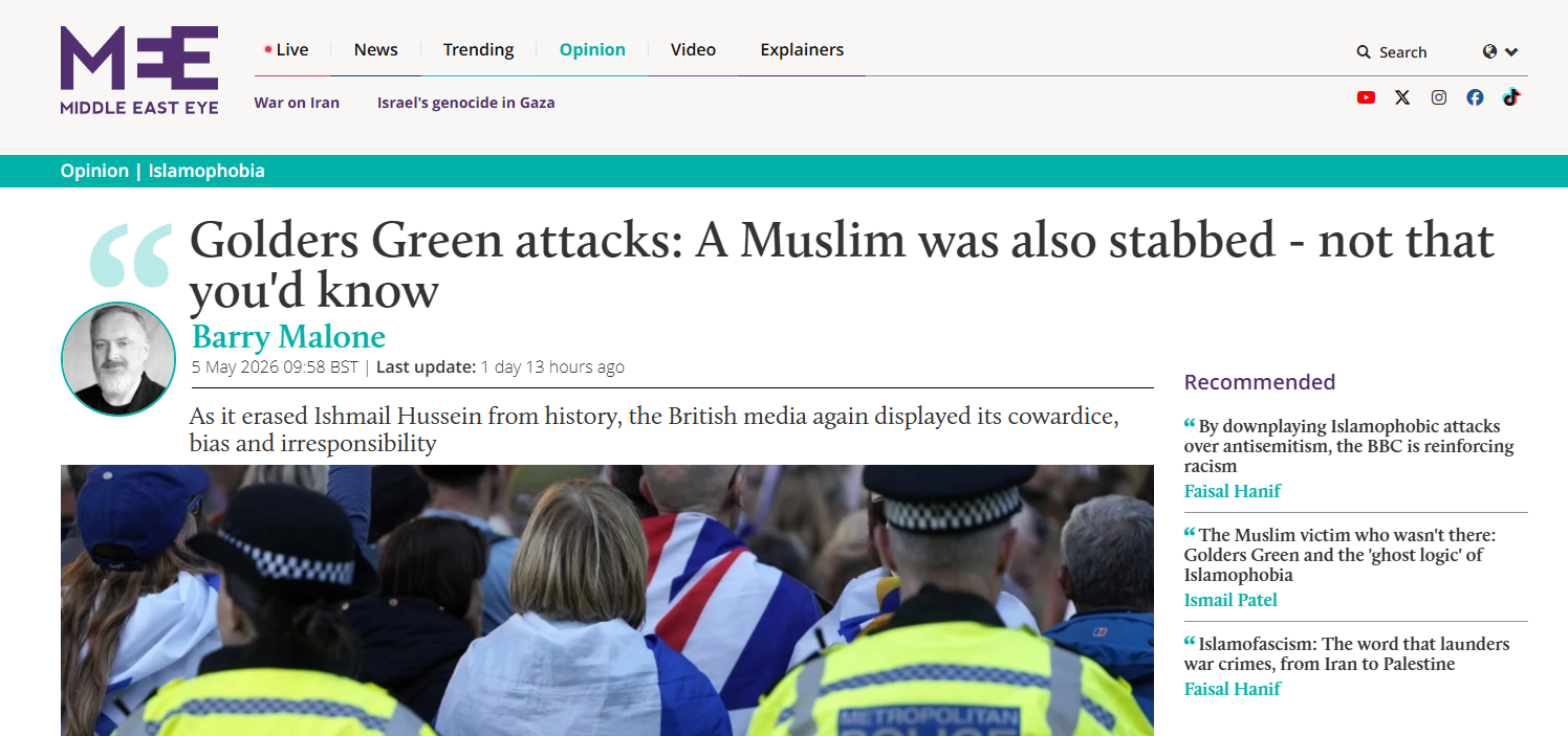 Schermafbeelding Middle East Eye — opiniestuk van Barry Malone: Golders Green attacks: A Muslim was also stabbed - not that you'd know